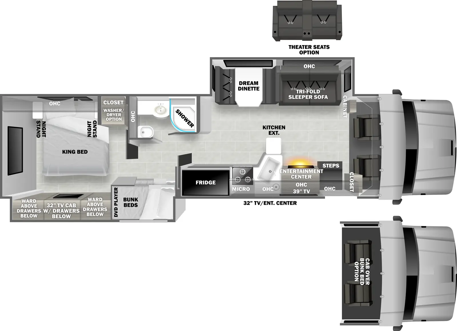 The 3700BD has two slideouts and one entry. Exterior features a TV/entertainment center. Interior layout front to back: cockpit (optional cab over bunk bed); off-door side cabinet, and slideout with tri-fold sleeper sofa (optional theater seating) with overhead cabinets, and dream dinette; door side closet, entry, entertainment center with TV, overhead cabinet, kitchen counter with extension, sink, microwave, cooktop, and refrigerator; off-door side full bathroom with overhead cabinet; door side slideout with bunk beds with DVD player, and bedroom wardrobe with TV and drawers below; rear bedroom with off-door side closet with washer/dryer option, and side-facing king bed with overhead cabinet and night stands on each side.
